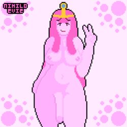 1futa adventure_time crown dickgirl futanari hard_pixels intersex nihiloevie pink_hair pink_skin pixel_art princess_bubblegum simple_background solo_futa thick_thighs wide_hips