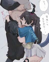 1boy 1girls arknights:_endfield big_breasts black_hair blowjob breasts_out censor_bar censored chen_qianyu_(arknights) endministrator_(arknights) exposed_breasts female hugging hugging_waist japanese_text kneeling large_breasts looking_up looking_up_at_partner m1m2rm male male_endministrator_(arknights) nipples no_bra nose oral oral_sex ponytail shirt_lift skirt tail text translation_request waist_grab yellow_eyes