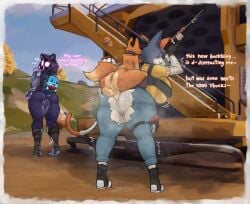 anal anal_sex animate_inanimate anthro anus armor ass backsack balls bear bent_over big_breasts big_butt bodily_fluids bottomwear breasts calico_cat canid canine cate_meowdy clothing collar denim denim_bottomwear denim_clothing dialogue domestic_cat english_text epic_games felid feline felis female female_penetrated fingerless_gloves footwear fortnite fox from_behind_position fur fuzzycreature gauntlets genital_fluids genitals gloves group gun handwear hi_res holding_gun holding_object holding_ranged_weapon holding_weapon hood huge_breasts huge_butt jeans klesk_(character) larger_anthro larger_female larger_penetrated living_plushie male male/female male_penetrating male_penetrating_female mammal pants penetration penile penile_penetration penis penis_in_ass perching_position plap plushie purple_body purple_eyes purple_fur ranged_weapon raven_team_leader sex shoes short_tail size_difference spiked_collar spikes standing standing_sex tail text thick_thighs topwear torn_bottomwear torn_clothing torn_jeans torn_pants vaginal_fluids vest vulva weapon