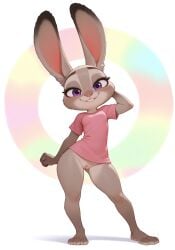 absurd_res ai_generated anthro bottomless bottomless_female clothed clothing disney ears_up feet female fur grey_body grey_fur hi_res judy_hopps lagomorph leporid looking_at_viewer mammal pose purple_eyes rabbit shirt smile solo standing topwear zootopia