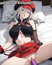1girls ai_generated alisa_ilinichina_amiella artifical_art big_breasts blue_eyes cabbie_hat clitoris dildo dildo_in_pussy female_masturbation god_eater god_eater_burst hair_between_eyes hat light-skinned_female light_skin masturbation plaid_hat plaid_skirt pussy pussy_juice red_hat red_skirt russian_girl sex_toy sleeveless sleeveless_shirt sliver_hair solo spread_legs vaginal_masturbation watermark young_female
