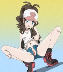 :d antenna_hair black_boots black_socks black_vest blue_eyes boots brown_hair censored clothes_lift commentary_request exposed_pocket eyelashes female gradient_background hand_on_own_leg hat highres hilda_(pokemon) knees lifting_own_clothes long_hair looking_at_viewer mosaic_censoring navel open_clothes open_fly open_mouth open_vest pokemon pokemon_bw pussy rayphenos shirt shirt_lift short_shorts shorts sidelocks sleeveless sleeveless_shirt smile socks solo spread_legs squatting tiptoes vest white_hat white_shirt wristband