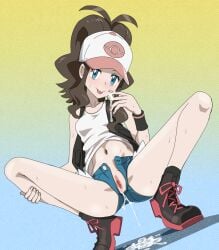 antenna_hair black_boots black_socks black_vest blue_eyes boots brown_hair censored closed_mouth clothes_lift commentary_request cum cum_in_pussy cum_on_body cum_on_fingers cum_puddle cumdrip exposed_pocket eyelashes female gradient_background hand_on_own_leg hand_up hat highres hilda_(pokemon) knees long_hair looking_at_viewer mosaic_censoring navel open_clothes open_fly open_vest pokemon pokemon_bw pussy rayphenos shirt shirt_lift short_shorts shorts sidelocks sleeveless sleeveless_shirt socks solo spread_legs squatting tiptoes tongue tongue_out vest white_hat white_shirt wristband