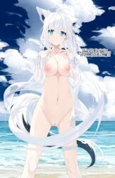 1girls belly_button breasts discord_tag fox_ears fox_girl fox_tail hololive hololive_gamers hololive_gen_1 hololive_japan light-skinned_female light_blue_eyes nipples nude_edit nude_filter pussy regisvine2078 sea shirakami_fubuki twitter_username uncensored virtual_youtuber white_hair