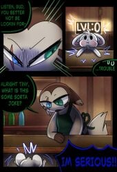 absurd_res apron apron_only blind_eye cappucinno_(halfpricesouls) clothing comic dialogue eye_scar facial_scar fan_character furret green_eyes halfpricesouls hi_res interspecies male minccino mouse mustelid musteline nintendo pokemon pokemon_(species) rodent scar scared
