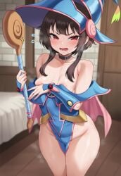 1girls ai_generated bangs bare_shoulders blurry blurry_background blush breasts choker collarbone cosplay covering crossover_cosplay dark_magician_girl dark_magician_girl_(cosplay) depth_of_field female flying_sweatdrops hat holding holding_staff indoors kono_subarashii_sekai_ni_shukufuku_wo! looking_at_viewer megumin open_mouth red_eyes short_hair small_breasts solo staff sweat tharkica wand witch_hat yu-gi-oh!