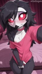 ai_generated anthro avian beak bed bedding bedroom bird black_body black_fur black_hair blush bottomless choker claws clothed clothing covering covering_crotch demon female flat_chested fur furniture hair helluva_boss hi_res jewelry long_hair looking_at_viewer necklace nipples octavia_(helluva_boss) owl partially_clothed pillow red_sclera selfie shirt solo topwear tuft white_body white_eyes white_fur
