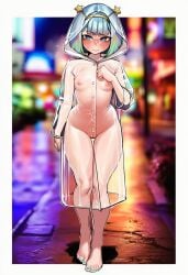 1girls ai_generated barefoot blue_eyes blue_hair blush green_hair hoshiumi_jelly medium_breasts naked_coat naked_raincoat nipples phase_connect public_nudity pussy thick_thighs toes virtual_youtuber wide_hips