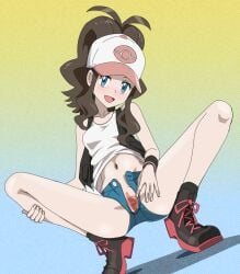 :d antenna_hair black_boots black_socks black_vest blue_eyes boots brown_hair censored clothes_lift commentary_request exposed_pocket eyelashes female gradient_background hand_on_own_leg hat highres hilda_(pokemon) knees long_hair looking_at_viewer mosaic_censoring navel open_clothes open_fly open_mouth open_vest pokemon pokemon_bw pussy rayphenos shirt shirt_lift short_shorts shorts sidelocks sleeveless sleeveless_shirt smile socks solo spread_legs spread_pussy spreading_own_pussy squatting tiptoes vest white_hat white_shirt wristband