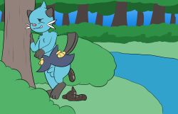 anthro arm_tuft ass balls bite biting_lip biting_own_lip black_body black_fur blue_body blue_fur chest_tuft dewott enjoying_the_go feces feces_on_ground feces_pile forest forest_background fur generation_5_pokemon genitals gloves_(marking) grass hand_on_tree head_tuft hi_res leg_markings male markings nature nature_background nintendo one_eye_closed outside penis plant pokemon pokemon_(species) pooping_on_floor raised_tail ritzcat river scat scatplay seashell self_bite shell shoulder_tuft shrub socks_(marking) solo tail teeth tree tuft water whiskers
