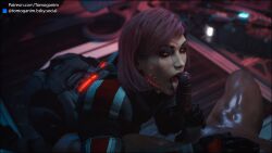1girls 3d armor bioware dark-skinned_male dark_skin female femshep galaxy glowing_eyes helmet indoors interracial licking licking_penis light-skinned_female light_skin looking_at_partner male mass_effect mug oral oral_sex penis red_eyes red_hair renegade_shepard scar table tomoganim veiny_penis window