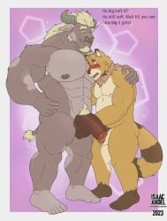 abs absurd_res anthro anthro_on_anthro areola balls bara biceps big_muscles big_penis biped blush bodily_fluids bovid bovine brown_body brown_fur canid canine cattle colored dialogue dirty_talk dripping duo ear_piercing ear_ring english_text facial_hair facial_piercing feet fingers flaccid foreskin front_view full-length_portrait fur genital_fluids genitals geometric_background glans goatee hand_on_hip hand_on_shoulder hi_res humanoid_feet humanoid_genitalia humanoid_hands humanoid_penis interspecies isaac_andel larger_anthro larger_male long_tail looking_at_genitalia looking_at_penis looking_down male male/male mammal mane markings muscles muscular muscular_anthro muscular_male navel nipples nose_piercing nose_ring nude_anthro nude_male open_mouth partially_retracted_foreskin pecs penis penis_grab penis_size_difference piercing pink_background plantigrade portrait precum precum_drip pubes raccoon_dog retracted_foreskin ring_piercing side_hug simple_background size_difference striped_markings stripes tail talking_to_another tan_body tan_fur tanuki text thick_penis toes uncircumcised vein veiny_penis yaoi