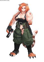 animal_ears baggy_pants belt belt_pouch biceps black_gloves boots breasts cargo_pants claws cleavage combat_boots combat_knife commentary english_commentary explosive female fewer_digits fingerless_gloves forehead full_body functionally_nude gao-lukchup gloves grenade gun handgun harness heart_tattoo highres holding holding_gun holding_weapon knife large_breasts medium_hair monster_girl muscle muscular_female nipples no_bra no_panties orange_hair original pants paws pistol pouch pubic_hair pussy sheath sheathed shoulder_tattoo solo standing strap_gap tail tattoo tiger_ears tiger_stripes toeless_boots torn_clothes torn_pants tsurime uncensored underwear weapon white_background