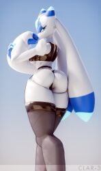 2_horns 3d_(artwork) anthro ass black_clothing black_legwear black_shirt black_tank_top black_thigh_highs black_thong black_topwear black_underwear blue_background blue_eyes breasts clar-3 clothing digital_media_(artwork) female forehead_gem gem glowing glowing_eyes glowing_horn gradient_background hi_res horn joints legwear looking_at_viewer looking_back looking_back_at_viewer lunaris_(pal) medium_breasts mouthless pal_(species) palworld pocketpair rear_view shirt simple_background solo tank_top thick_thighs thigh_highs thigh_strap thong topwear under_boob underwear watermark white_body wide_hips