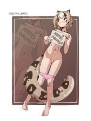 artist_name blonde_hair brown_background brown_hair cat_ears cat_tail cel_shading crestfallen163 embarrassed embarrassed_nude_female eyebrows_visible_through_hair female inviting medium_hair multicolored_hair orange_eyes original original_character panties panties_down pink_panties pussy pussy_juice_drip self_upload sign white_hair wide_eyed