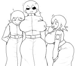 2girls big_breasts black_and_white breasts enigi09 female huge_breasts solo solo_female tagme thick_thighs
