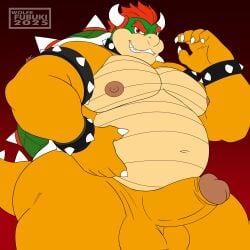 anthro areola armband ass balls bara belly biceps big_balls big_belly big_butt big_muscles big_pecs big_penis bowser bracelet claws collar erection eyebrows fingers genitals glans grin hair hand_on_belly hi_res horn humanoid_genitalia humanoid_penis jewelry koopa looking_at_viewer male mario_bros moobs musclegut muscles muscular muscular_anthro muscular_male navel nintendo nipples nude overweight overweight_anthro overweight_male pecs penis red_background red_eyes red_hair scalie shell simple_background slightly_chubby smile solo spiked_armband spiked_bracelet spiked_collar spiked_shell spikes spikes_(anatomy) standing tail teeth thick_thighs wolfe_fubuki yaoi yellow_body