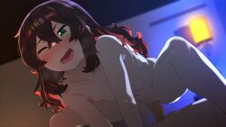 1boy absurdres brown_hair censored completely_nude cowgirl_position erection female flat_chest game_cg green_eyes hans.b heavy_breathing highres indoors long_hair maitoko_yuri mosaic_censoring night nipples nude one_eye_closed open_mouth penis sex smile solo_focus squatting_cowgirl_position sweat teikan_no_eve_bethel vaginal_penetration