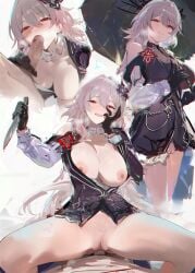 1boy black_dress black_flower black_gloves black_umbrella blush breasts breasts_out breath censored chromatic_aberration closed_mouth comiket_106 commentary cowgirl_position dress english_commentary erection evernight_(honkai:_star_rail) fellatio female femdom flower gloves hair_between_eyes hair_flower hair_ornament hand_on_own_face heavy_chromatic_aberration highres holding holding_knife holding_umbrella honkai:_star_rail honkai_(series) knife large_breasts long_hair long_sleeves male march_7th_(honkai:_star_rail) misaka_12003-gou mosaic_censoring nipples open_clothes open_mouth oral penis pink_hair pussy red_eyes red_flower sex single_bare_shoulder smile spread_legs stab straddling straight textless_version thighs umbrella vaginal_penetration very_long_hair yandere