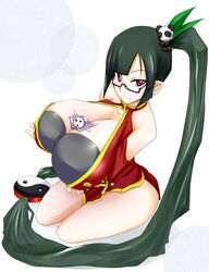 1girls arakune arc_system_works bare_shoulders between_breasts black_bra black_hair blazblue blazblue:_calamity_trigger bra breasts china_dress cleavage dress glasses hair_ornament huge_breasts lao_jiu litchi_faye_ling long_hair looking_at_viewer megane ponytail purple_eyes semi-rimless_glasses simple_background sitting smile thighs underwear very_long_hair