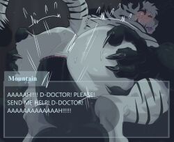 2025 anal anal_sex anthro anthro_on_anthro anthro_penetrated anthro_penetrating anthro_penetrating_anthro anus arknights ass balls begging_for_mercy big_butt black_body black_fur blush bodily_fluids bouncing_butt butt_grab canid canine claws dialogue dialogue_box drooling duo english_text erection faceless_character faceless_male felid feline felis forced fur genitals glowing glowing_eyes grey_background hand_on_butt hi_res humanoid_genitalia humanoid_penis hypergryph looking_up male male/male male_penetrated male_penetrating male_penetrating_male mammal motion_lines mountain_(arknights) mythological_canine mythological_creature mythology nude open_mouth pantherine penetration penis pinumontbalou questionable_consent raised_tail rape red_eyes saliva sex simple_background striped_body striped_fur stripes studio_montagne sweat tail text tiger tongue tongue_out werecanid werecanine werecreature werewolf white_body white_fur