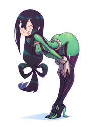 1girls bending_over bent_over big_ass big_breasts big_butt busty clothed female female_only froppy green_clothing hands_on_knees hero_outfit_(mha) human legs_straight legs_together liyart my_hero_academia skintight_suit superheroine teenager thick_thighs tongue_out tsuyu_asui vertical-striped_legwear vertical-striped_thighhighs vertical_stripes wide_hips wink