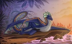 claws dragon erection european_mythology feet feral genitals hi_res keltaan licking licking_lips licking_own_lips looking_at_viewer lying male membrane_(anatomy) membranous_wings mythological_creature mythological_scalie mythology on_side outside palm_tree paws penis plant presenting presenting_penis rock sand scales scalie seaside sky slit_penis smile solo storm_(wyvern) tail toe_claws toes tongue tongue_out tree water western_dragon wings wyvern