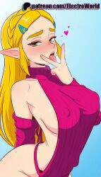 1girls 2025 ai_generated artist_name bare_shoulders blonde_hair blue_background blush breasts bust chest electroworld elf female hair_ornament hairclip heart hi_res high_quality high_resolution highres long_hair meme_attire nintendo patreon patreon_username pointy_ears princess_zelda sideboob solo stable_diffusion sweater the_legend_of_zelda tongue tongue_out virgin_killer_sweater watermark
