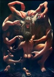ass edgar_(elden_ring) elden_ring godrick godrick_the_golden godrick_the_grafted groping hand_holding hands hands_on_thighs jygglewag_(artist) kneeling male/male multi_arm multi_limb multiple_arms muscular_male oil_painting oil_painting_(artwork) oil_painting_(medium) older_male traditional_media_(artwork) unusual_anatomy white_hair worship