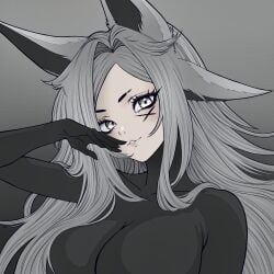 animal_ears breasts closed_mouth dya_rikku_(vtuber) facial_mark female grey_background hand_up large_breasts long_hair looking_at_viewer parted_bangs smile solo upper_body vyugen