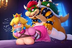 ai_generated bound bowser breasts dress_lift female fucked_from_behind gagged princess_peach
