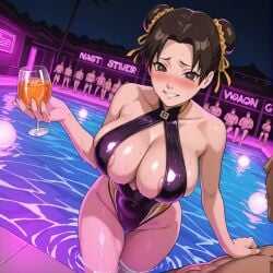 1girls 6+boys adapted_costume ai_generated arm_support athletic athletic_female bare_legs bare_shoulders before_sex big_breasts blunt_bangs breasts brown_eyes brown_hair center_opening cleavage competition_swimsuit covered_navel cowboy_shot curvaceous curvy curvy_figure double_bun drink earrings erect_nipples female glass hair_bun highres holding_object imminent_gangbang imminent_sex iwao178_(ai_style) legs_together looking_at_viewer male naruto naruto_(series) naruto_shippuden nipples nipples_visible_through_clothing ocean one-piece_swimsuit oppai partially_submerged petite pinup pool popo123 smile solo standing swimming_pool swimsuit tenten thick_thighs thighs twin_buns upper_body visible_nipples voluptuous water wet_body wet_skin
