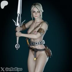 1girls 3d belt breasts cd_projekt_red ciri female fortnite green_eyes light-skinned_female looking_at_viewer mascara model nipples nude pussy scar shaved_pussy solo solo_female sword the_witcher_(series) the_witcher_3:_wild_hunt white_hair x_redeyes