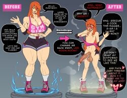 1boy 1femboy 1girls balls before_and_after big_balls big_penis blazinahegao blush breasts commission crop_top embarrassed embarrassed_nude_femboy female femboy ftm_transformation gender_transformation green_eyes huge_breasts hung_femboy hung_trap implied_transformation long_hair male nude nude_femboy orange_hair original oversized_clothes penis pink_footwear pink_shoes shorts simple_background surprised sweat tank_top torn_clothes