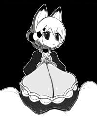 anthro black_and_white black_background breast_rest cleavage cleavage_overflow female female_only flower_knight_dakini fox horns huge_breasts kayoh kitsune looking_at_viewer monochrome nerobero0 nipple_bulge pandemonium_wizard_village short_hair solo