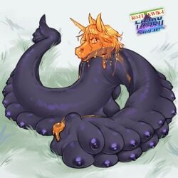 breasts decapitation female goo_creature horn larru-larru limbless looking_at_viewer lying_on_ground multi_breast on_ground orange_head slime slug_girl solo unicorn_horn unusual_anatomy