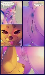 1boy 1girls 2019 absurd_res anthro anus ass big_ears brown_fur canine close-up comic drooling duo eevee elvche english_text feline female feral furry half-closed_eyes hi_res hypnosis imminent_oral interspecies male mind_control nintendo nude original_character pokémon_(species) pokemon pokemon_gsc pokemon_rgby purple_border purple_eyes purple_fur pussy pussy_juice saliva smile tail teeth text tongue tongue_out video_games