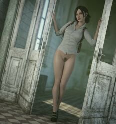 3d black_hair blue_eyes breasts casual completely_nude female firearm handgun human juli_kidman naked nipples nude pussy standing the_evil_within weapon