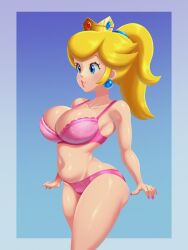 1girls 2025 2d 2d_(artwork) 2d_artwork alternate_version_available big_breasts big_thighs blonde_hair blue_eyes border bra breasts chubby chubby_female clothed clothing cropped_legs crown cute ear_piercing earrings eyelashes female female_only glistening glistening_body glistening_breasts glistening_skin gradient_background heart hi_res highres huge_breasts huge_thighs large_breasts light-skinned_female light_skin lingerie lipstick long_hair mario_(series) nail_polish nintendo overflowing_breasts panties partially_clothed pink_bra pink_lips pink_lipstick pink_nail_polish pink_nails pink_panties pony_tail ponytail princess_peach repost revealing_clothes shiny_body shiny_breasts shiny_hair shiny_skin shiny_thighs side_view sideboob simple_background skindentation sleepiitreat slightly_chubby solo solo_female solo_focus super_mario_bros. thick_thighs thighs tied_hair yellow_hair