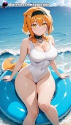 1girls 2025 2d ai_assisted ai_generated animal_ears anime artist_name ball beach beachball big_breasts big_chest blush boat breast breasts bust busty caustics chest cleavage cloud collar covered_navel day earth_(planet) explicit eyebrows_visible_through_hair female fisheye hairband hi_res high_quality high_resolution highres holding_innertube horizon inflatable_raft innertube isekai_meikyuu_de_harem_wo large_breasts lifebuoy long_hair looking_at_viewer ocean one-piece_swimsuit orange_hair outdoors patreon patreon_username pool poolside roxanne_(isekai_meikyuu_de_harem_wo) sand shallow_water shore sitting sky skypassion smile soaking_feet solo stable_diffusion swimsuit tagme tail wading water watercraft watermark waves white_swimsuit