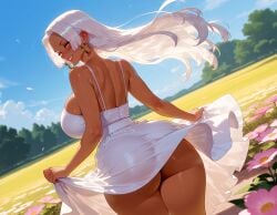 1girls ai_generated ass back backboob balecxi bangs bare_arms bare_shoulders blue_sky blush boa_hancock breasts brown_eyes clothes_lift clothes_pull clothing cloud curvaceous curvaceous_female curvaceous_figure curvy curvy_figure dark-skinned_female dark_skin day dress dress_lift dress_pull earrings exhibitionism female female female_focus female_only field floating_hair flower flower_field forehead from_behind grin hoop_earrings huge_ass huge_breasts inviting inviting_to_sex jewelry large_breasts lips long_hair looking_at_viewer looking_back lunarian median_furrow no_panties one_piece one_piece:_egghead_arc outdoors outside parted_bangs parted_lips petals pink_flower presenting presenting_ass presenting_breasts presenting_hindquarters presenting_self s-snake_(one_piece) seductive seductive_look seductive_smile see-through see-through_dress see-through_silhouette seraphim_(one_piece) shoulder_blades sideboob skirt_hold sky sleeveless sleeveless_dress smile solo spaghetti_strap standing sundress thick_thighs thighs turning_head very_dark_skin voluptuous voluptuous_female white_dress white_hair wide_hips wind yellow_eyes