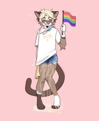 ambiguous_gender bodily_fluids bottomwear clothing denim denim_bottomwear denim_clothing denim_shorts domestic_cat embarrassed felid feline felis genital_fluids hanky_code hi_res humiliation mammal peeing peeing_self pride rroostersauce shorts solo urine watersports wetting