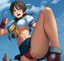 1boy 1girls :d bare_legs black_hair blue_sailor_collar blue_skirt blue_sky blush breasts brown_eyes brown_hair buruma cameltoe clenched_hand clothing cloud cloudy_sky converse covered_nipples crop_top crop_top_overhang cropped_shirt dan_hibiki day female fighting_stance fingerless_gloves footwear gloves headband knee_up lasterk leg_up looking_at_another male medium_breasts midriff miniskirt navel neckerchief no_bra open_mouth outdoors panties pantsu pantyshot pleated_skirt ponytail puffy_short_sleeves puffy_sleeves pussy red_buruma red_footwear red_gloves red_panties sailor_collar sakura_kasugano school_uniform serafuku shirt shoes short_hair short_sleeves skirt sky smile sneakers solo_focus standing standing_on_one_leg stomach teeth thighs thumbs_up toned underboob underwear uniform upper_teeth_only upskirt white_headband white_shirt yellow_neckerchief