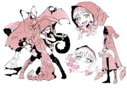 basket boots braid cloak fellatio female freckles glowing glowing_eyes green_eyes hair_over_eyes highres hood karasu_raven little_red_riding_hood long_tongue monster_girl oc open_mouth oral original partially_colored suction_cups tentacle tentacle_tongue thigh_boots thighhighs tongue tongue_out