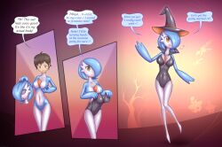 anthro big_breasts black_clothing blue_body blue_fur blush breasts brown_eyes clothing female fur gardevoir gender_transformation generation_3_pokemon generation_6_pokemon halloween hat headgear headwear heart_symbol hi_res holidays human latex latex_transformation magic_user male male/female mammal materialcoin mtf_transformation nintendo pokemon pokemon_(species) pumpkaboo shiny_pokemon slim solo suit_transformation transformation white_body white_fur willing_transformation witch witch_hat