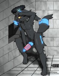 1boy anthro anthro_only bite biting_lip black_body black_fur bodily_fluids eeveelution fluffy fur game_freak generation_2_pokemon genitals glowing glowing_genitalia glowing_penis half-closed_eyes halo hi_res izumicream knot male male_only male_umbreon masturbation narrowed_eyes nintendo one_eye_closed penetrable_sex_toy penis pokemon pokemon_(species) saint_renzo sex_toy shiny_pokemon shiny_umbreon shower shower_masturbation solo solo_anthro solo_male source_request sweat sweatdrop transparent_sex_toy umbreon worried worried_look