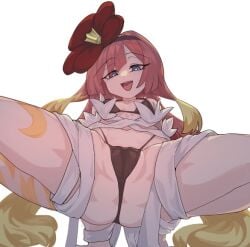 1girls 2d 2d_(artwork) :d ass bikini black_bikini blue_eyes body_markings brat cameltoe close_up female female_only presenting presenting_pussy pussy_focus rafflesia red_hair smile solo solo_female spread_legs squatting tartarie thighs thong thong_bikini traptrix traptrix_rafflesia white_background yu-gi-oh!