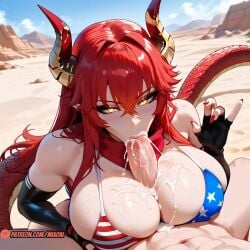 1boy 1boy1girl ai_generated big_breasts bikini blowjob breast_grab breasts cum cum_in_mouth cum_on_body cum_on_breasts curvaceous curvy dragon_girl fellatio female from_above horn long_hair male mature_female milf mixoai naughty_face paizufella paizuri paizuri_lead_by_female paizuri_under_clothes patreon red_hair straight thicc titjob voluptuous vtuber yellow_eyes zentreya zentreya_(cowboy_bikini)