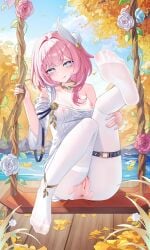absurdres anus bare_shoulders blue_eyes blue_sky breasts censored chinese_commentary commentary_request cyrene_(honkai:_star_rail) dress feet female hair_ornament highres honkai:_star_rail honkai_(series) jndfh lake leg_up looking_at_viewer medium_hair mosaic_censoring multicolored_hair nipples on_swing outdoors pantyhose pink_hair pussy revision see-through_clothes see-through_dress sky small_breasts smile soles solo strap_slip swing swing_set thigh_strap thighs toes torn_clothes torn_pantyhose two-tone_hair variant_set water white_dress white_hair white_pantyhose wooden_floor