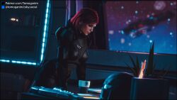 1girls 3d armor bioware female femshep galaxy glowing_eyes helmet indoors light-skinned_female light_skin mass_effect mug red_eyes red_hair renegade_shepard scar table tomoganim window